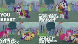 Size: 2000x1125 | Tagged: safe, derpibooru import, edit, edited screencap, editor:quoterific, screencap, amethyst star, applejack, bon bon, candy mane, carrot top, cherry cola, cherry fizzy, coco crusoe, doctor whooves, golden harvest, lemon hearts, linky, lyra heartstrings, minuette, pinkie pie, pokey pierce, rainbowshine, rarity, shoeshine, sweetie drops, time turner, earth pony, pegasus, pony, unicorn, magic duel, animation error, applejack's hat, background pony, bipedal, blank flank, clothes, cowboy hat, drama queen, dress, faint, fashion disaster, female, hat, hornless unicorn, image, male, marshmelodrama, missing horn, open mouth, png, rarity being rarity, trio, trotting, walking