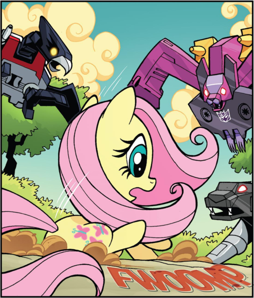 Size: 1526x1794 | Tagged: safe, artist:jack lawrence, derpibooru import, idw, fluttershy, pegasus, pony, robot, spoiler:comic, spoiler:friendship in disguise, spoiler:friendship in disguise03, cropped, falling, friendship in disguise, image, laserbeak, png, ratbat, ravage, transformers