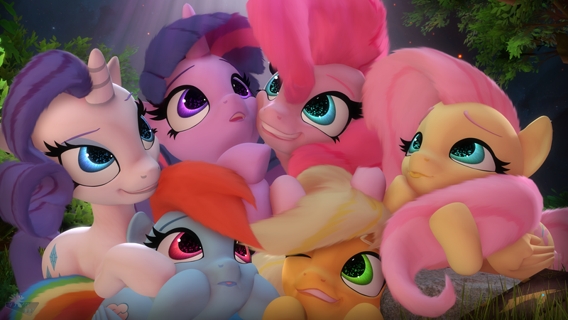 Size: 3840x2160 | Tagged: safe, artist:hooves-art, derpibooru import, applejack, fluttershy, pinkie pie, rainbow dash, rarity, twilight sparkle, alicorn, earth pony, pegasus, pony, unicorn, 3d, 4k, :o, :p, book, cheek squish, cuddle puddle, cuddling, cute, dashabetes, dashface, diapinkes, female, grin, happy birthday mlp:fim, image, jackabetes, looking up, mane six, mare, mlp fim's tenth anniversary, one eye closed, open mouth, png, pony pile, raribetes, rock, shyabetes, smiling, source filmmaker, squee, squishy cheeks, sweet dreams fuel, tongue out, tree, twiabetes, wall of tags, wink
