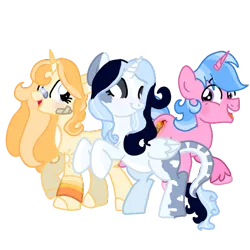 Size: 800x800 | Tagged: safe, artist:daylightsketch, derpibooru import, oc, oc:banana, oc:daylight sketch, oc:skya, unofficial characters only, alicorn, pony, unicorn, derpibooru community collaboration, 2021 community collab, alicorn oc, female, happy, horn, image, male, mare, png, rearing, simple background, stallion, standing, transparent background, wings