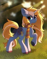 Size: 3200x4000 | Tagged: safe, artist:kirionek, derpibooru import, oc, oc:maple parapet, unofficial characters only, pony, unicorn, butt, clothes, female, image, jpeg, looking back, mare, plot, raised hoof, scarf, scenery, side view, solo, standing