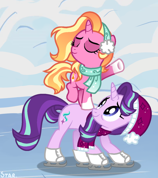 Size: 984x1112 | Tagged: safe, artist:star-gaze-pony, derpibooru import, luster dawn, starlight glimmer, pony, bags under eyes, clothes, female, filly, filly luster dawn, hat, ice skates, ice skating, image, mama starlight, mother and child, mother and daughter, offspring, older, older starlight glimmer, parent:starlight glimmer, parent:sunburst, parents:starburst, png, scarf, socks (coat marking)