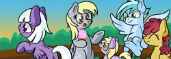 Size: 1280x447 | Tagged: safe, artist:dinkyuniverse, derpibooru import, appointed rounds, derpy hooves, dinky hooves, rainy day, sunny delivery, pegasus, pony, unicorn, balcony, equestria's best daughter, equestria's best mother, female, filly, foal, food, forest, friendship, hanging out, ice cream, image, jpeg, mare, mother and child, mother and daughter, relaxed, relaxing, smiling, sunset, talking, town hall, tree