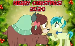 Size: 2064x1289 | Tagged: safe, anonymous artist, artist:andoanimalia, derpibooru import, sandbar, yona, earth pony, pony, yak, bow, bowtie, chestnuts roasting on an open fire, christmas, cloven hooves, female, friendship, hair bow, happy hearth's warming, hearth's warming, holiday, image, implied yonabar, looking at each other, lyrics in the description, male, merry christmas, monkey swings, png, song in the description, the christmas song, youtube link in the description