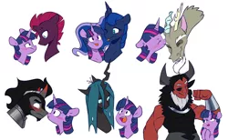 Size: 7110x4385 | Tagged: safe, artist:chub-wub, derpibooru import, discord, king sombra, lord tirek, princess luna, queen chrysalis, tempest shadow, twilight sparkle, twilight sparkle (alicorn), alicorn, centaur, changeling, changeling queen, draconequus, pony, unicorn, :p, admiration, boop, broken horn, discolight, eyes closed, female, grin, horn, image, jpeg, kissing, lesbian, male, mare, muscles, nose piercing, nose ring, noseboop, one eye closed, open mouth, piercing, raised hoof, shipping, simple background, smiling, stallion, straight, tempestlight, tongue out, twibra, twiluna, twirek, twisalis, white background, wink