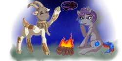 Size: 1024x512 | Tagged: safe, artist:ghouleh, derpibooru import, oc, oc:nana, oc:wisp, unofficial characters only, goat, pony, bag, campfire, cutie mark, female, fire, image, mare, nanny goat, night, png, rope, shadow, simple background, stars, stories, transparent background