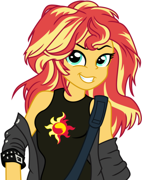 Size: 1024x1298 | Tagged: safe, artist:emeraldblast63, artist:harwick, derpibooru import, sunset shimmer, equestria girls, alternate hairstyle, clothes, female, grin, image, jacket, leather jacket, png, redesign, simple background, smiling, solo, transparent background