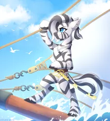 Size: 1926x2125 | Tagged: safe, artist:strafe blitz, derpibooru import, oc, oc:lasari, unofficial characters only, bird, zebra, boat, cloud, ear fluff, image, jewelry, necklace, png, smiling, sword, water, weapon, zebra oc