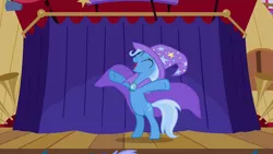 Size: 1920x1080 | Tagged: safe, derpibooru import, screencap, trixie, pony, unicorn, boast busters, bipedal, cape, clothes, female, hat, image, mare, open mouth, png, solo, standing, trixie's cape, trixie's hat, y pose