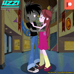 Size: 600x600 | Tagged: safe, artist:uzzi-ponydubberx, derpibooru import, velvet sky, oc, equestria girls, animated, arguments on the comments, canon x oc, canterlot high, clothes, converse, dress, gif, image, jeans, kissing, oc x background human, pants, patreon, patreon logo, shirt, shoes, sleeveless, tanktop
