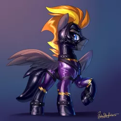 Size: 3000x3000 | Tagged: safe, artist:jedayskayvoker, derpibooru import, oc, oc:blaze (shadowbolt), unofficial characters only, pegasus, pony, bridle, clothes, costume, gachimuchi, harness, image, latex, latex suit, looking at you, male, png, raised hoof, rubber, shadowbolts, shadowbolts costume, signature, solo, tack