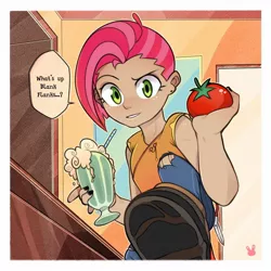 Size: 1280x1280 | Tagged: safe, artist:sugarelement, derpibooru import, babs seed, human, one bad apple, cocktail, dialogue, ear piercing, female, food, humanized, image, jpeg, looking at you, milkshake, piercing, solo, speech bubble, tomato