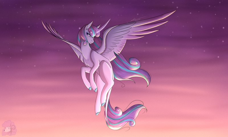 Size: 5000x3000 | Tagged: safe, artist:littlepudel, derpibooru import, princess flurry heart, alicorn, pony, curved horn, female, flying, horn, image, leonine tail, mare, older, older flurry heart, png, simple background, sky, solo, spread wings, stars, wings