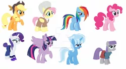 Size: 1280x703 | Tagged: safe, artist:supervegiten, derpibooru import, applejack, fluttershy, maud pie, pinkie pie, rainbow dash, rarity, trixie, twilight sparkle, alicorn, alternate hairstyle, alternate universe, deviantart watermark, image, jpeg, mane six, obtrusive watermark, simple background, twilight sparkle (alicorn), watermark, white background