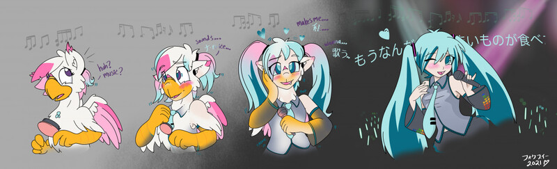 Size: 1280x389 | Tagged: safe, artist:foxxy-arts, derpibooru import, oc, oc:foxxy hooves, hippogriff, human, character to character, clothes, comb, female, hatsune miku, heart, hippogriff oc, image, japanese, jpeg, microphone, moon runes, music notes, necktie, speech change, transformation, transformation sequence, vocaloid
