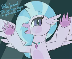Size: 4096x3342 | Tagged: safe, artist:mrneo, derpibooru import, silverstream, hippogriff, against glass, breaking the fourth wall, cute, dialogue, diastreamies, female, fourth wall, glass, image, jewelry, jpeg, necklace, solo, stairs, that hippogriff sure does love stairs