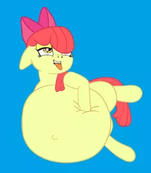 Size: 1264x1448 | Tagged: suggestive, artist:ikuntyphoon, artist:preggoapplebloom, derpibooru import, edit, apple bloom, earth pony, pony, belly, belly button, big belly, blue background, bow, drool, female, filly, foal, image, png, pregnant, pregnant foal, simple background, solo, tongue out, trace