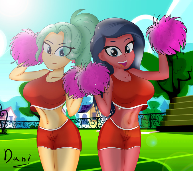 Size: 3500x3100 | Tagged: safe, artist:danielitamlp, derpibooru import, desert sage, garden grove, equestria girls, bleachers, breasts, busty desert sage, busty garden grove, clothes, duo, high res, image, jpeg, looking at you, midriff, open mouth, pom pom, shorts, soccer field, tree
