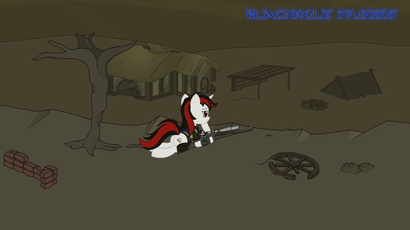 Size: 1920x1080 | Tagged: safe, artist:blackholestudios, derpibooru import, screencap, oc, oc:blackjack, pony, unicorn, fallout equestria, fallout equestria: project horizons, butt, fanfic art, female, gun, image, jpeg, plot, rifle, sniper, sniper rifle, solo, weapon