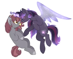 Size: 900x719 | Tagged: safe, artist:magicallightsentryyt, derpibooru import, oc, oc:midnight starfire, oc:stone heart, unofficial characters only, pony, unicorn, artificial wings, augmented, female, image, magic, magic wings, mare, offspring, parent:maud pie, parent:mud briar, parent:tempest shadow, parents:maudbriar, png, simple background, tongue out, transparent background, wings