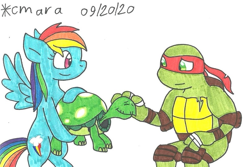 Size: 1284x866 | Tagged: safe, artist:cmara, derpibooru import, rainbow dash, tank, anthro, pegasus, pony, tortoise, turtle, bandage, bandana, bipedal, crossover, eyes closed, female, image, jpeg, mare, petting, raphael, simple background, tape, teenage mutant ninja turtles, tmnt 2012, traditional art, white background