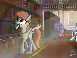 Size: 4000x3000 | Tagged: safe, artist:flaremoon, derpibooru import, twilight sparkle, twilight sparkle (alicorn), oc, oc:rosemary sage, alicorn, pegasus, pony, book, bookshelf, female, image, levitation, library, magic, mare, mouth hold, png, telekinesis, window