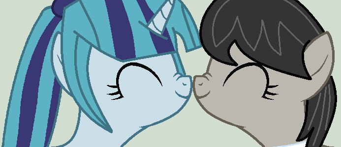 Size: 693x299 | Tagged: safe, artist:jadethepegasus, derpibooru import, octavia melody, sonata dusk, boop, cute, eyes closed, female, image, jpeg, lesbian, noseboop, nuzzling, shipping, sonatabetes, sontavia, story included