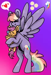 Size: 500x733 | Tagged: safe, artist:hunterartist, derpibooru import, cheerilee, rainbow dash, scootaloo, earth pony, pegasus, pony, cutie mark, duo, female, filly, fusion, gradient background, heart, hug, image, mare, multiple legs, png, scootalove