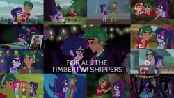 Size: 1986x1117 | Tagged: safe, derpibooru import, edit, edited screencap, editor:quoterific, screencap, canter zoom, pinkie pie, sci-twi, sunset shimmer, timber spruce, twilight sparkle, eqg summertime shorts, equestria girls, equestria girls series, legend of everfree, mad twience, star crossed, unsolved selfie mysteries, female, image, male, png, shipping, straight, timbertwi