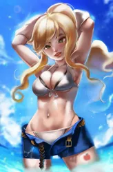 Size: 1048x1600 | Tagged: suggestive, artist:bunsogen, derpibooru import, edit, applejack, human, bikini, breasts, busty applejack, clothes, female, humanized, image, jpeg, open fly, open mouth, solo, solo female, swimsuit, trace