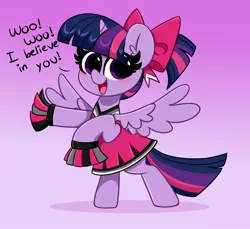 Size: 4096x3755 | Tagged: safe, artist:kittyrosie, derpibooru import, twilight sparkle, twilight sparkle (alicorn), alicorn, pony, alternate hairstyle, blushing, bow, cheerleader, cheerleader outfit, clothes, cute, dialogue, female, gradient background, image, jpeg, looking at you, mare, motivational, open mouth, rearing, smiling, smiling at you, solo, spread wings, sweet dreams fuel, twiabetes, wholesome, wings