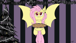 Size: 1920x1080 | Tagged: safe, artist:earthquake87, derpibooru import, fluttershy, bat pony, animated, bat ponified, blinking, christmas, christmas lights, christmas tree, cookie, cute, fangs, flapping wings, floating, flutterbat, food, gif, gingerbread (food), hearth's warming, holiday, image, looking at you, plate of cookies, race swap, shyabates, shyabetes, smiling, talking, talking to viewer, text, tree, wings