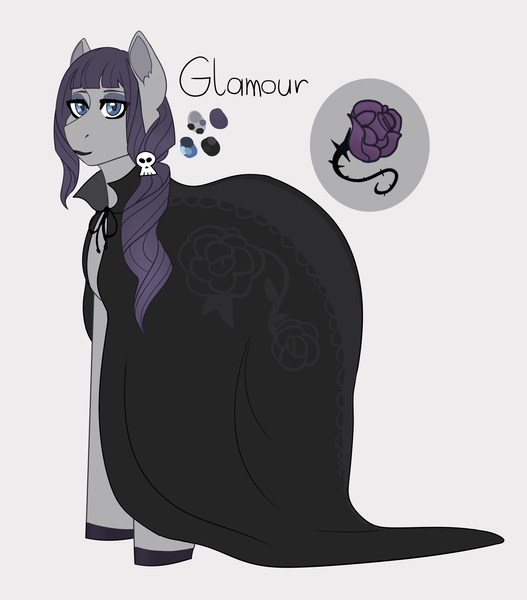 Size: 1928x2196 | Tagged: safe, artist:hahyh, derpibooru import, oc, oc:glamour, earth pony, pony, cloak, clothes, eyeshadow, goth, gray background, image, magical lesbian spawn, makeup, male, offspring, parent:maud pie, parent:rarity, parents:rarimaud, png, simple background, solo, stallion