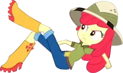 Size: 1600x955 | Tagged: safe, derpibooru import, edit, edited screencap, screencap, apple bloom, human, eqg summertime shorts, equestria girls, the canterlot movie club, angry, background removed, belt, boots, clothes, cropped, female, hat, image, jeans, not a vector, pants, png, rain boots, safari hat, shirt, shoes, solo