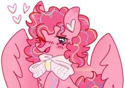 Size: 1280x890 | Tagged: safe, artist:kiddinsdeluxe, derpibooru import, pinkie pie, pegasus, accessory, alternate hairstyle, blushing, bow, chest fluff, clothes, ear fluff, heart, image, one eye closed, open mouth, pegasus pinkie pie, png, race swap, scarf, simple background, solo, transparent background, wink