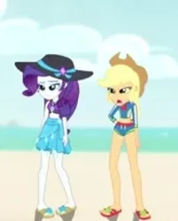 Size: 240x299 | Tagged: safe, derpibooru import, screencap, applejack, rarity, aww... baby turtles, equestria girls, equestria girls series, applejack's beach shorts swimsuit, applejack's hat, beach, belly button, bored, clothes, cowboy hat, cropped, duo, female, hand on hip, hat, image, legs, picture for breezies, png, sandals, sarong, standing, sun hat, swimsuit