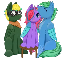 Size: 1300x1200 | Tagged: safe, artist:backgroundpony#f352, derpibooru import, oc, unofficial characters only, pegasus, unicorn, derpibooru community collaboration, 2021 community collab, blue eyes, clothes, eyes closed, goggles, googly eyes, image, png, scarf, simple background, stool, tongue out, transparent background, wings