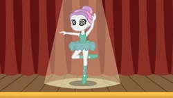 Size: 1920x1080 | Tagged: safe, artist:jerrickvolson, derpibooru import, sweetie belle, equestria girls, ballerina, ballet slippers, bare arms, beautiful, clothes, curtains, cute, dancing, diasweetes, female, hair bun, hypnosis, hypnotized, image, jpeg, legs, leotard, solo, spotlight, stage, standing, standing on one leg, swirly eyes, tiptoe, tutu