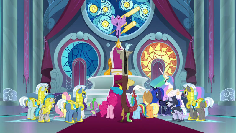 Size: 1920x1080 | Tagged: safe, derpibooru import, screencap, applejack, discord, fluttershy, pinkie pie, princess celestia, princess luna, rainbow dash, rarity, spike, twilight sparkle, twilight sparkle (alicorn), alicorn, dragon, pony, the ending of the end, butt, image, mane six, nose in the air, plot, png, royal guard, throne, winged spike