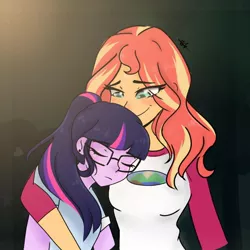 Size: 1080x1080 | Tagged: safe, artist:_denart, derpibooru import, sci-twi, sunset shimmer, twilight sparkle, equestria girls, bust, clothes, eyelashes, eyes closed, female, glasses, hug, image, jpeg, lesbian, scitwishimmer, shipping, side hug, sleeping, smiling, sunsetsparkle