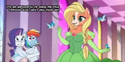 Size: 1768x875 | Tagged: safe, artist:atariboy2600, derpibooru import, applejack, rainbow dash, rarity, anthro, bird, earth pony, pegasus, unicorn, comic:my little toyetic, alternate hairstyle, applejack (g5 concept leak), breasts, busty applejack, clothes, comic, dress, evening gloves, female, freckles, g5 concept leak style, g5 concept leaks, gloves, hug, image, indoors, jesus christ how horrifying, lip bite, long gloves, open mouth, png, scared, talking, tomboy taming, transformation