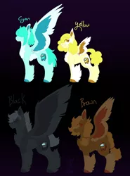 Size: 1280x1732 | Tagged: safe, artist:lepiswerid, derpibooru import, oc, oc:black (among us), oc:brown (among us), oc:cyan (among us), oc:yellow (among us), pegasus, pony, among us, black, black background, braid, brown, colored hooves, colored wings, cyan, deformed wing, deformity, fanart, hair covering face, image, jpeg, ponytail, simple background, wings, yellow