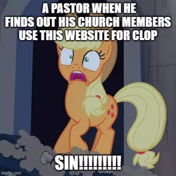 Size: 500x500 | Tagged: suggestive, derpibooru import, edit, edited screencap, screencap, applejack, earth pony, pony, castle mane-ia, caption, female, image, image macro, jpeg, mare, meme, open mouth, religion, scared, text