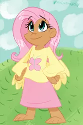 Size: 800x1200 | Tagged: safe, artist:mirabuncupcakes15, derpibooru import, fluttershy, human, barefoot, clothes, cloud, dark skin, feet, female, grass, hill, humanized, image, png, skirt, sky, solo, sweater, sweatershy, winged humanization, wings