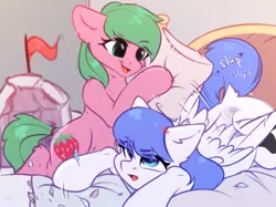 Size: 2732x2048 | Tagged: safe, artist:alphadesu, derpibooru import, oc, oc:pine berry, oc:snow pup, unofficial characters only, earth pony, pegasus, pony, bed, commission, feather, female, flag, hitting, image, lying down, mare, pillow, pillow fight, pillow fort, playing, png, sketch, slap, smiling, ych result