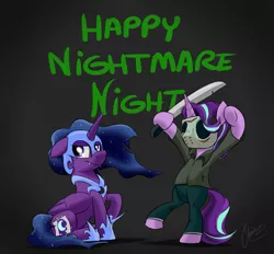Size: 2821x2617 | Tagged: safe, artist:oinktweetstudios, derpibooru import, nightmare moon, starlight glimmer, twilight sparkle, alicorn, unicorn, clothes, cosplay, costume, friday the 13th, halloween, holiday, image, jason voorhees, png