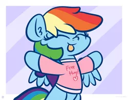 Size: 3250x2560 | Tagged: safe, artist:kimjoman, derpibooru import, rainbow dash, pegasus, pony, clothes, cute, dashabetes, eyes closed, female, free hugs, image, png, shirt, solo, spread wings, text, tongue out, wings