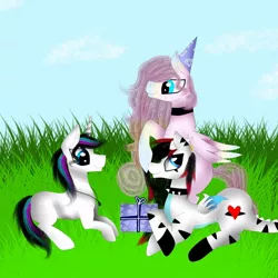 Size: 1080x1080 | Tagged: safe, artist:rxndxm.artist, derpibooru import, oc, oc:shooting star, unofficial characters only, pony, unicorn, choker, female, grass, hat, horn, image, jpeg, lying down, mare, outdoors, party hat, present, prone, unicorn oc