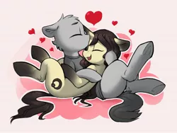 Size: 2000x1500 | Tagged: safe, artist:dimfann, derpibooru import, oc, oc:dim, oc:sylvine, unofficial characters only, earth pony, pony, unicorn, eyes closed, heart, image, jpeg, kissing, lying down, on back