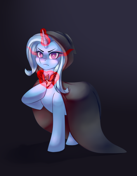 Size: 1359x1740 | Tagged: safe, artist:xuczio, derpibooru import, trixie, magic duel, alicorn amulet, cloak, clothes, glowing eyes, glowing horn, hooded cloak, horn, image, png